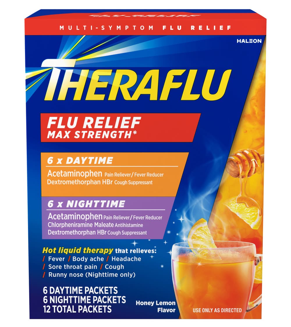 Theraflu Max Strength Daytime & Nighttime Flu Relief Packets, Honey Lemon (12 ct)