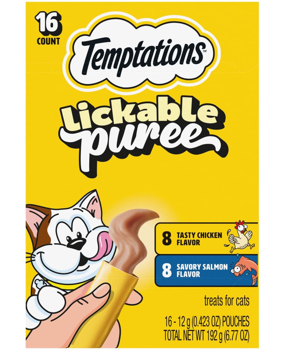 Temptations Lickable Puree Squeezable Wet Cat Treat Variety Pack 0.42 Oz Tubes 16 Ct