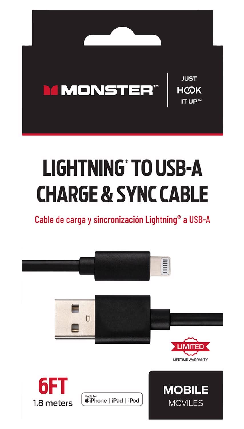 Monster Just Hook It Up Lightning To Usb-A Charge And Sync Cable 6 Ft. Black
