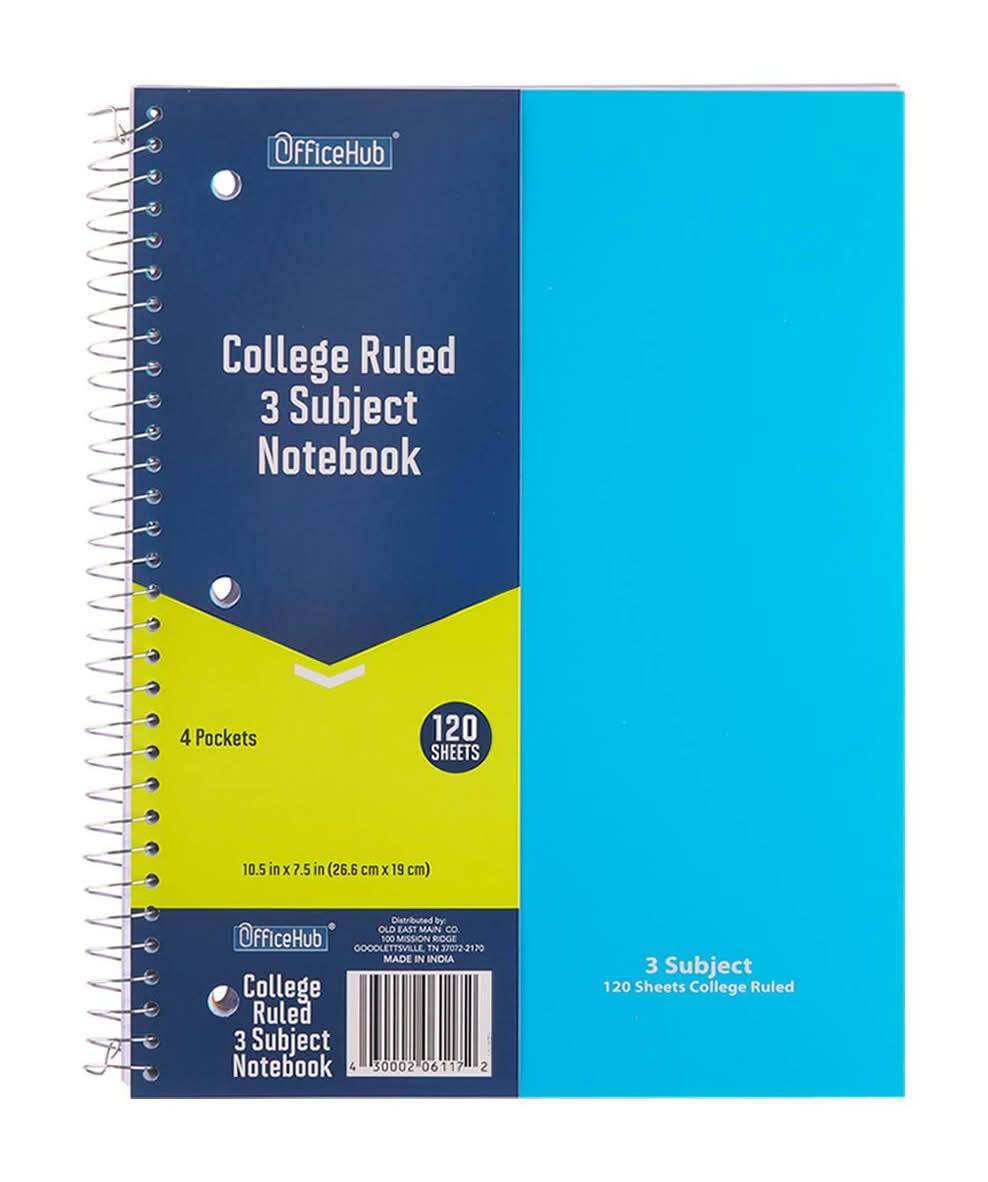 Office Hub College Ruled 3 Subject Spiral Notebook 120 Sheets, 10.5x7.5 in, Assorted