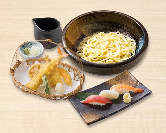 海老天ぷら冷やしうどんと寿司三貫セット