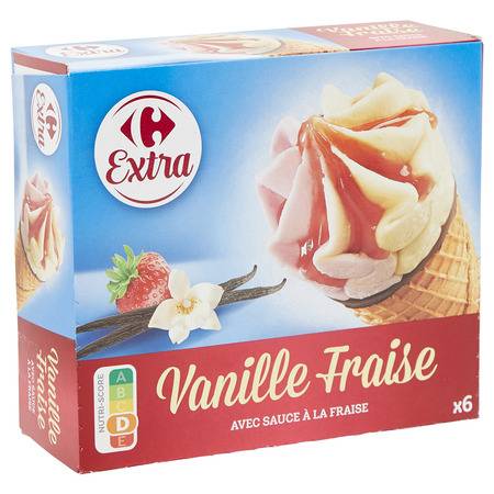 Glace Cône vanille fraise CARREFOUR - la boite de 6 - 404