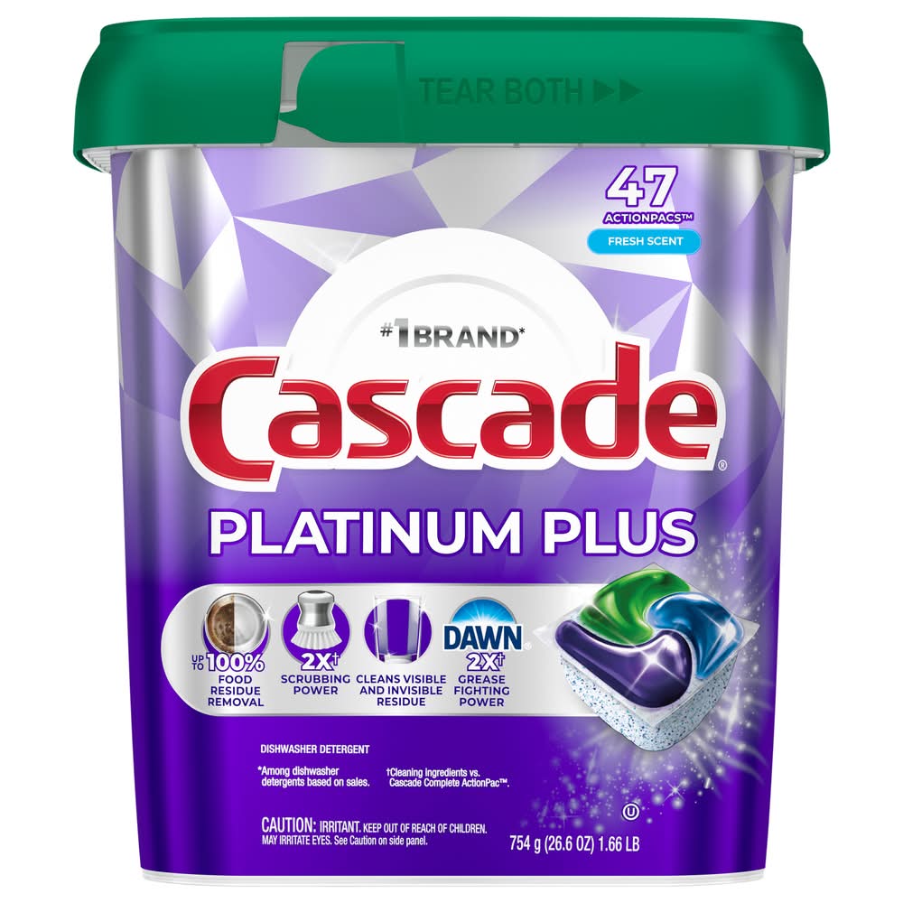 Cascade Platinum Plus Actionpacs Dishwasher Detergent, Fresh (26.6 oz, 47 ct)