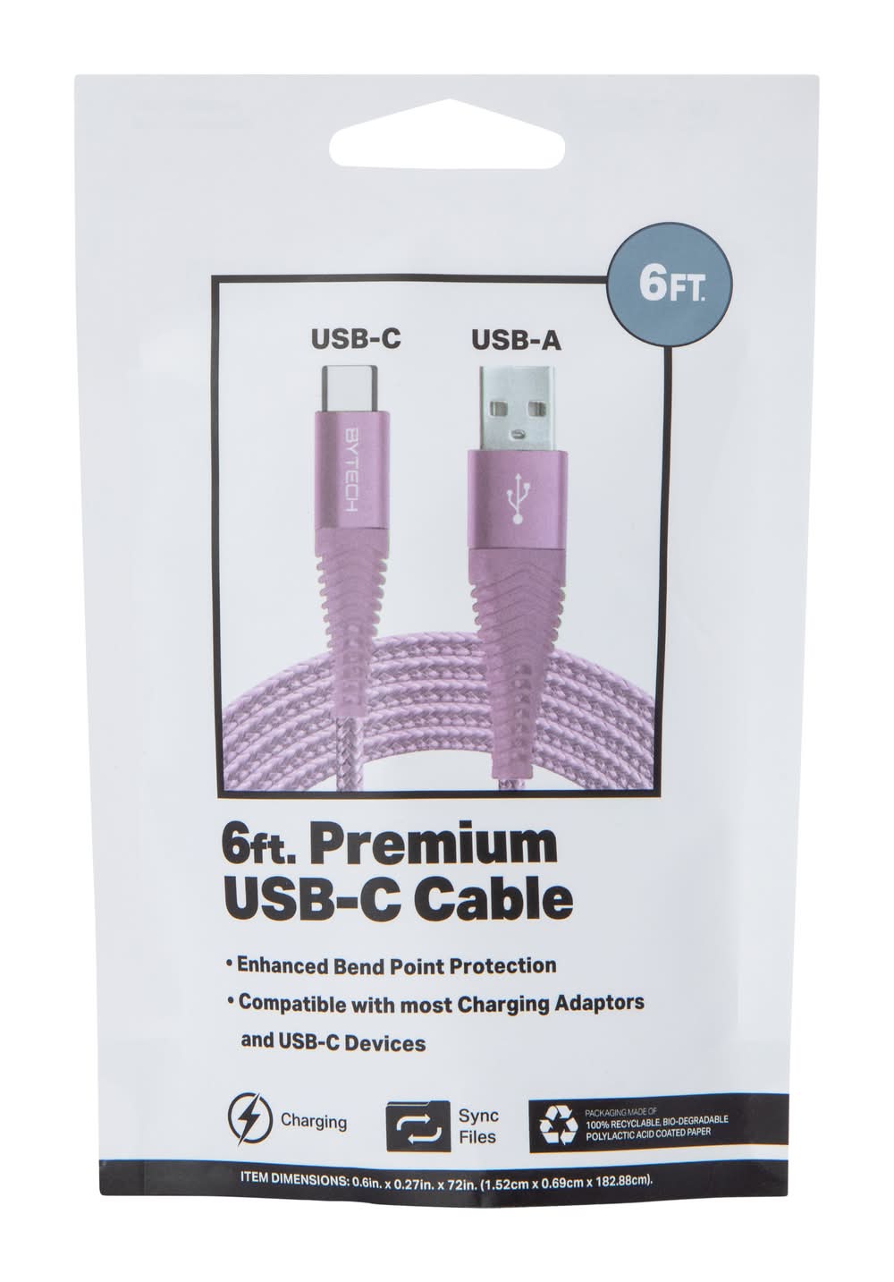 6ft Braided Premium USB-C To USB-A Cable Pink