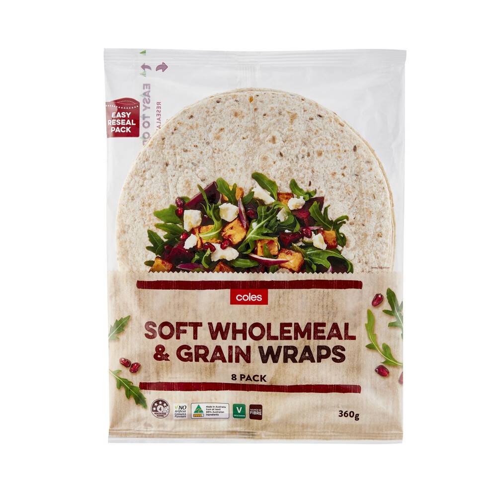 Coles Wholemeal & Grain Soft Wraps 360g (8 pack )