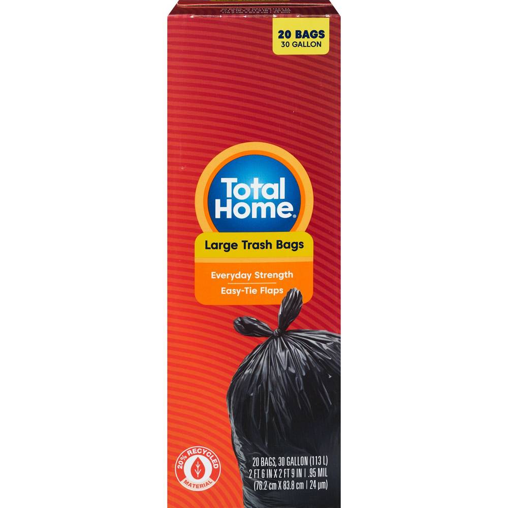 Total Home Large Trash Bags, Extra Strong Easy-Tie Flaps 30 Gallon, 20 Ct