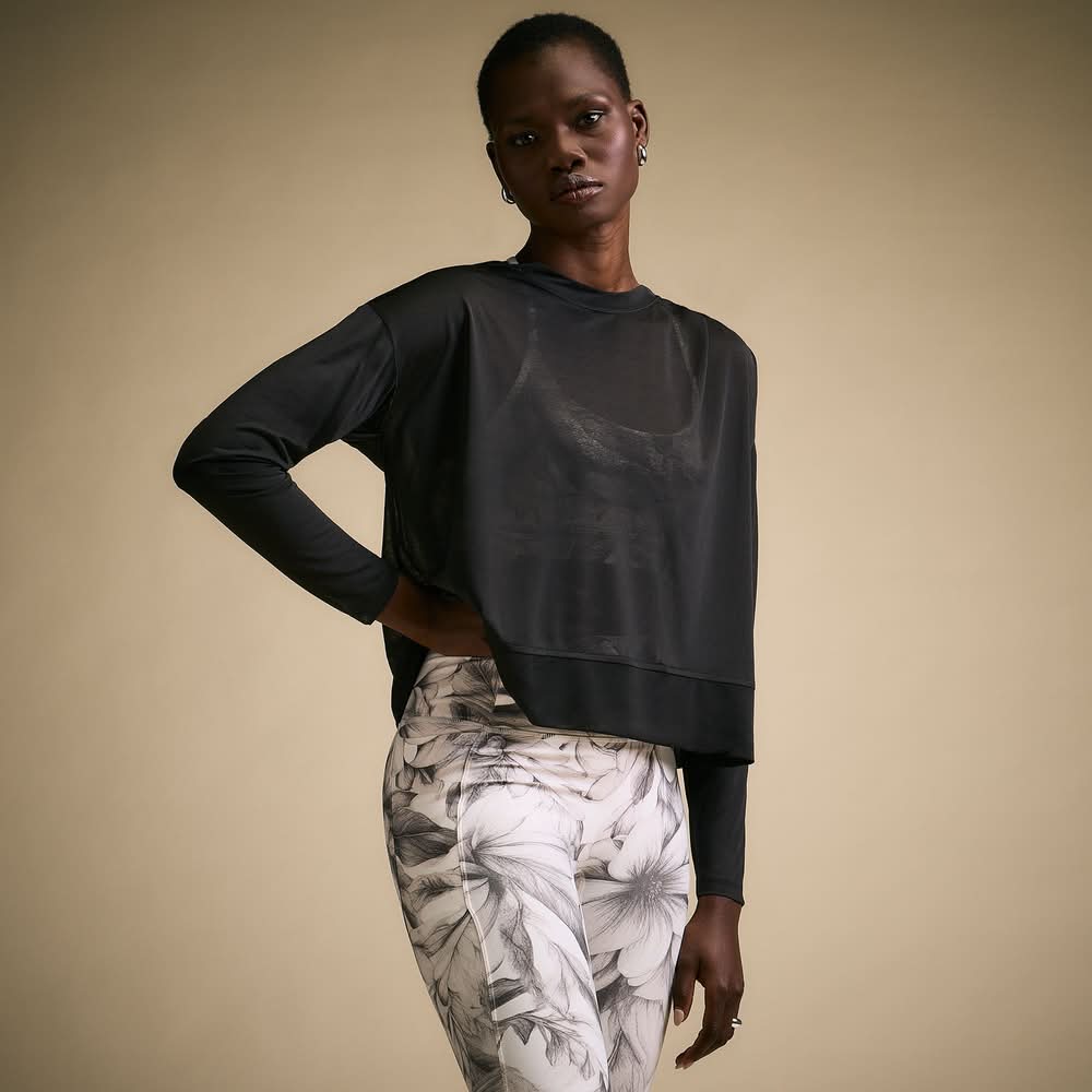 Calia Women's Exhale Long Sleeve Pleated Shirt (Pure Black, L)