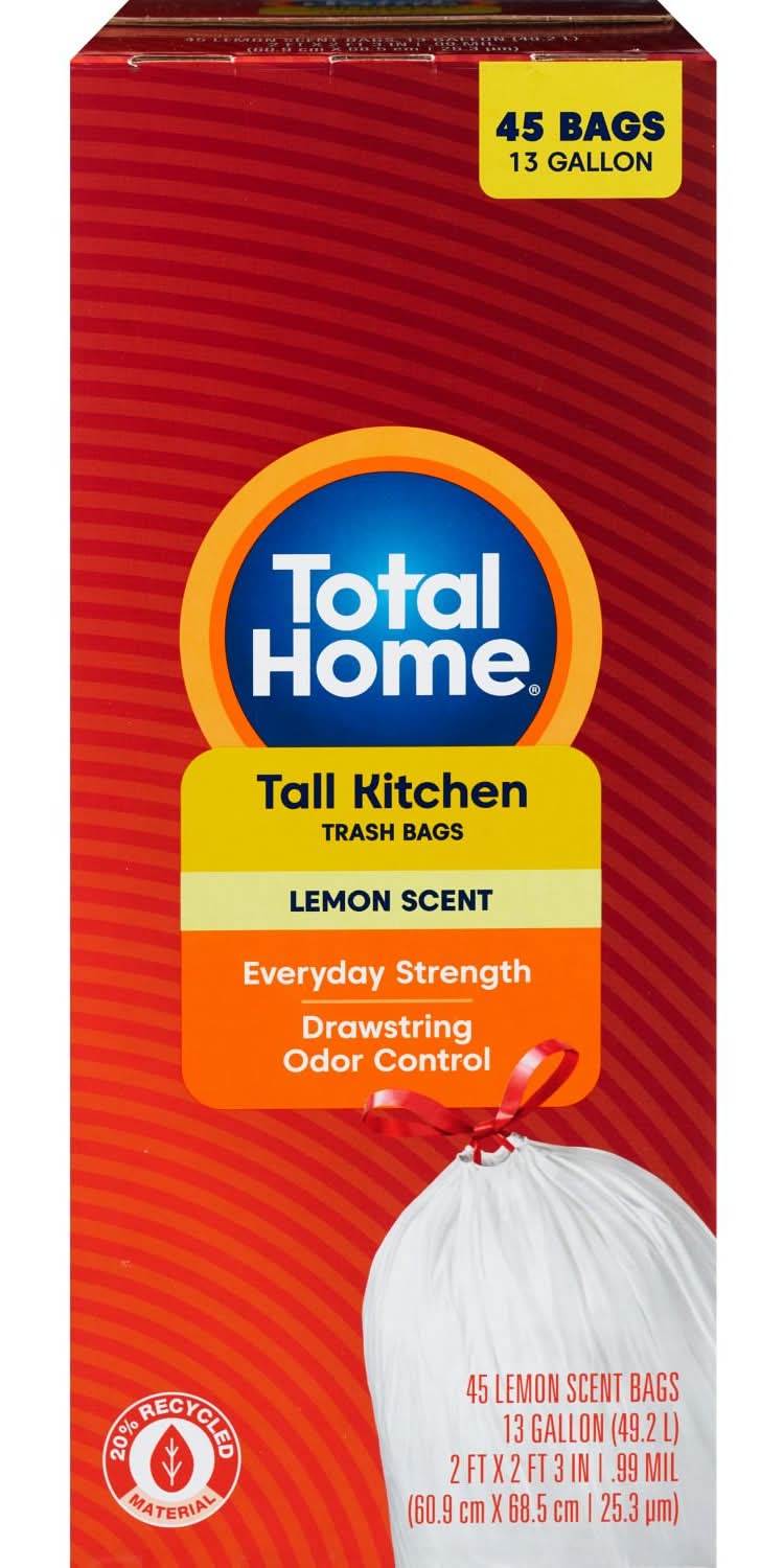 Total Home Drawstring Tall Kitchen Trash Bags, Odor Control, 45 Ct