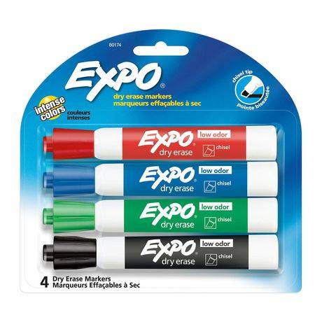 Expo Low Odor Chisel Tip Dry Erase Markers, Multicolor (4 ct)