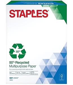 Staples 50% Recycled 8.5 x 11 Multipurpose Paper, 24 lbs., 96 Brightness, 500/Ream (86059)
