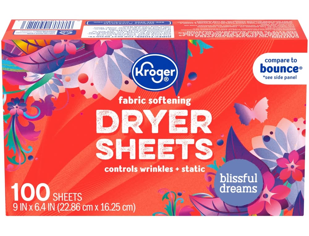 Kroger Fabric Softening Dryer Sheets, Blissful Dreams, 9x6.4 in (100 ct)