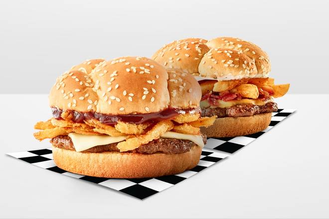 Pick 2  Fully Loaded Fry Burger And/Or Tangled BBQ Swiss Burger