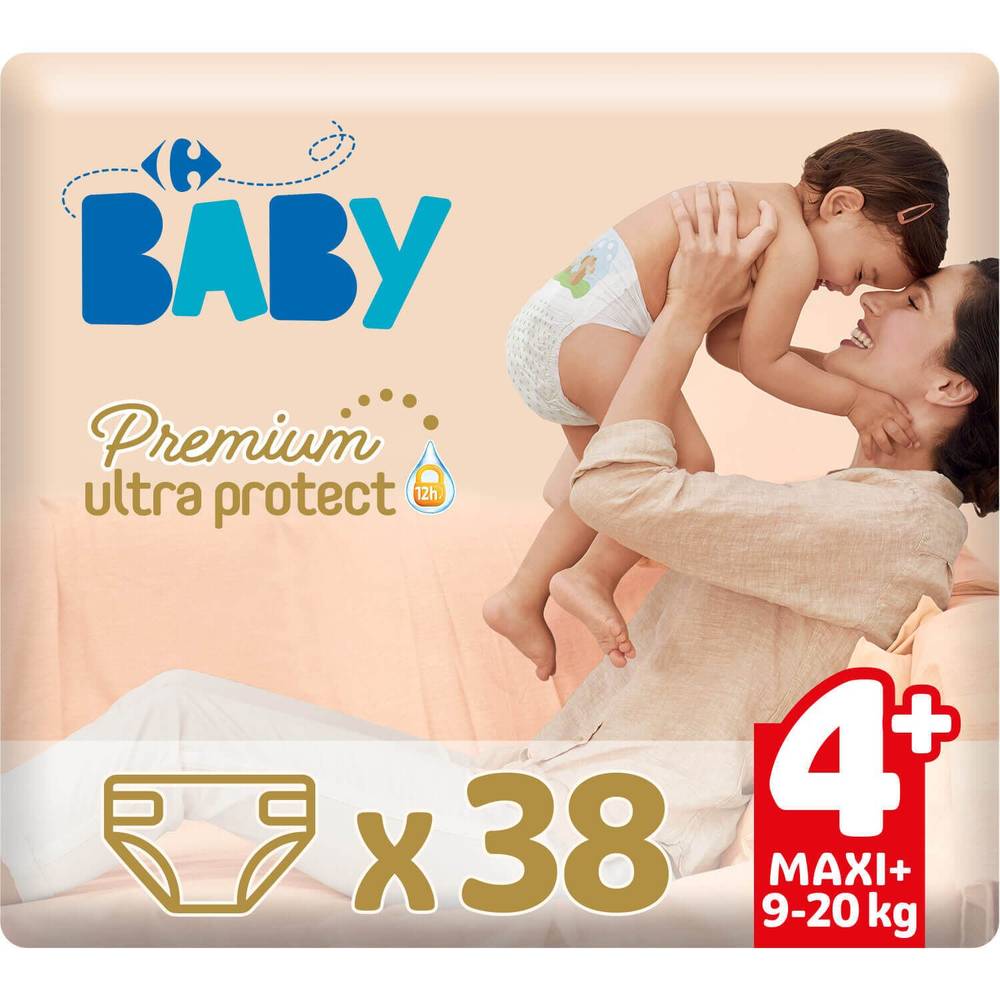 Carrefour Baby - Couches bébé maxi+ 9-20 kg premium ultra protect (taille 4+)