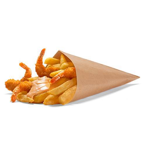 Shrimps & Chips Groß inkl. zwei Saucen nach Wahl.