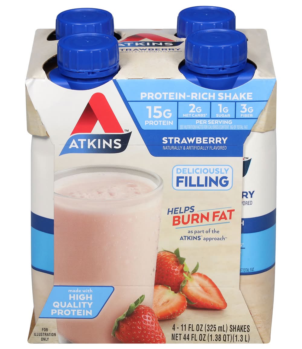 Atkins Satisfies Hunger Protein-Rich Shake, Strawberry (4 x 11 fl oz)