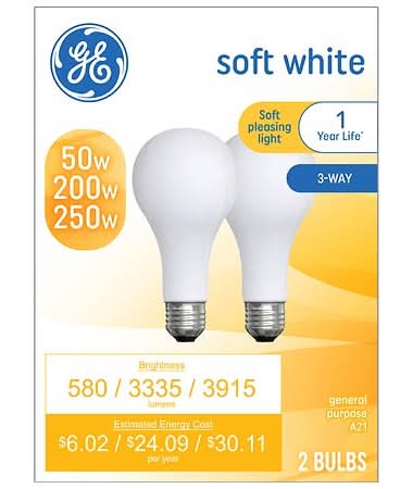 General Electric Incandescent 3-way Frosted 250w A21 Light Bulbs, Soft White (2 ct)