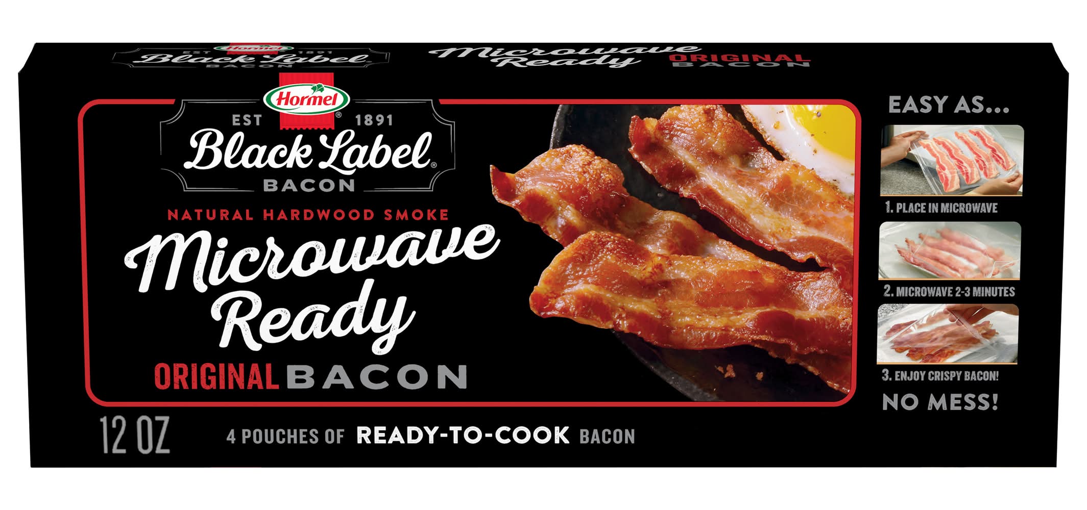 Hormel Black Label Natural Hardwood Smoke Microwave Ready Bacon, Original (12 oz, 4 ct)