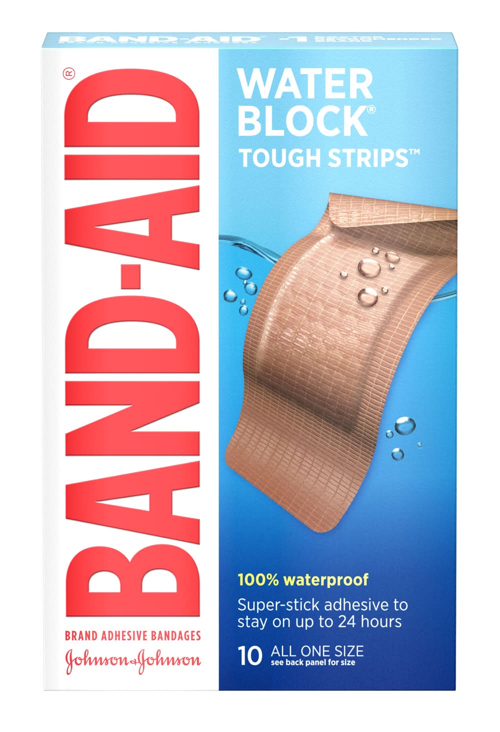 Band-Aid Water Block Tough Strips Adhesive Bandages, 4.4x10.1 cm (10 ct)