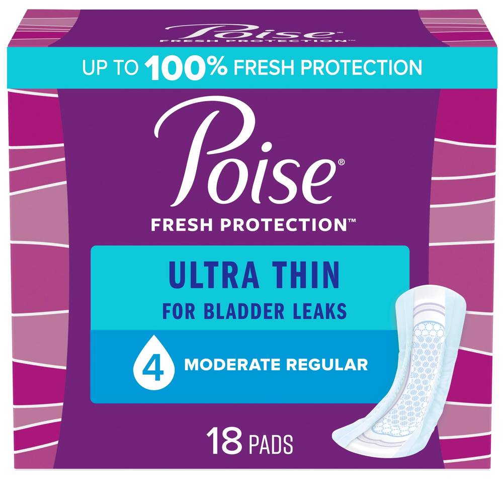 Poise Ultra Thin Incontinence Pads Moderate Absorbency, Regular Length, 18 CT