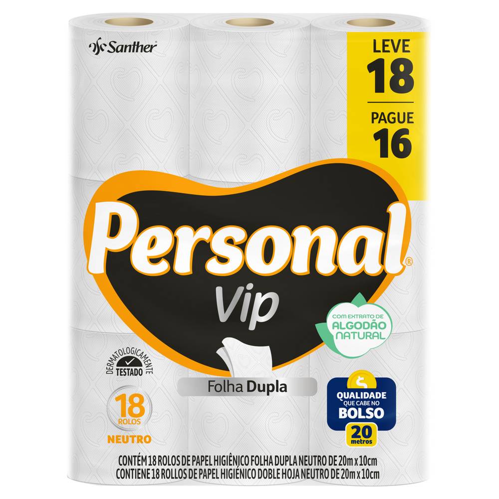 Santher papel higiênico folha dupla neutro personal vip (18 un)