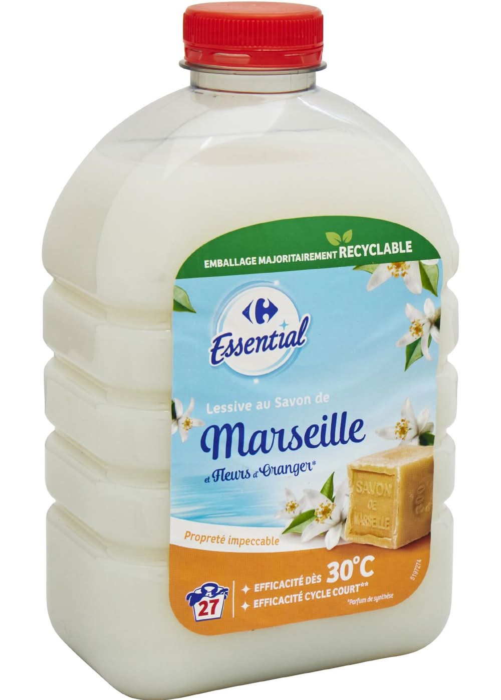 Carrefour Essential - Lessive liquide au savon de marseille 27 lavages, fleurs d'oranger (1,22L)