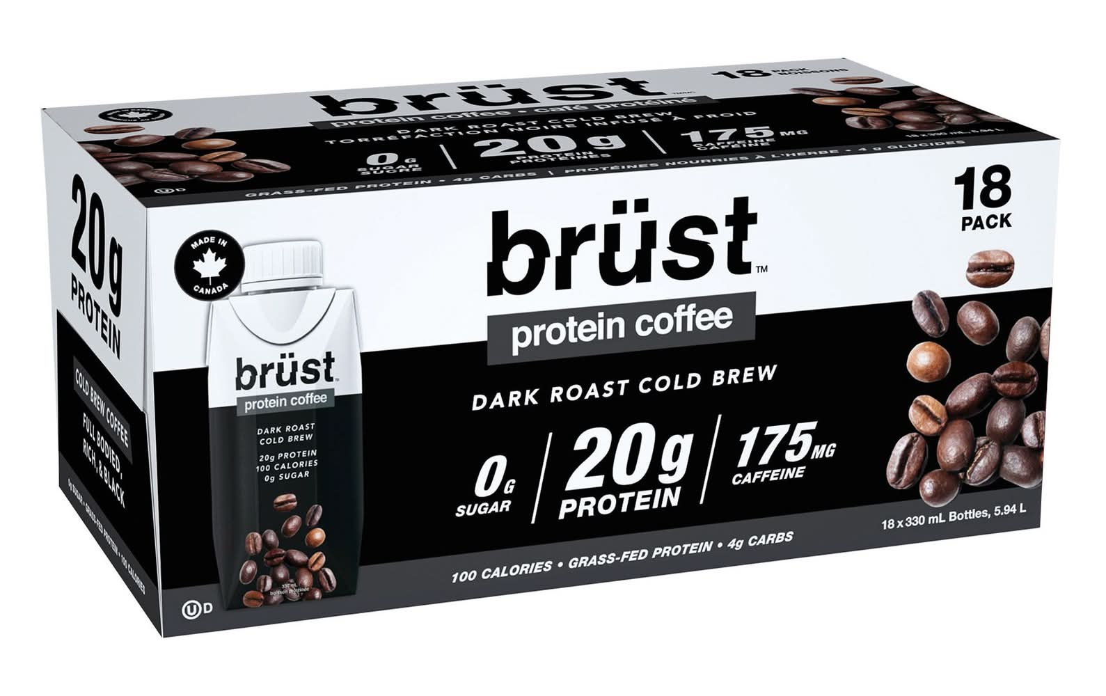 Brüst Café Protéiné Torréfaction Noire Infusé À Froid, 18 X 330 Ml / Brüst Protein Coffee Dark Roast Cold Brew, 18 X 330 Ml