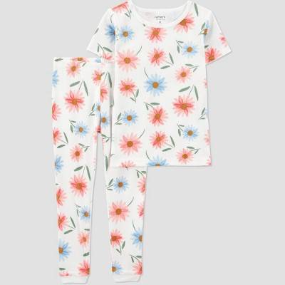 Carter's Just One You®️ Toddler Girls' 2pc Short Sleeve Floral Snug Fit Pajama Set - Ivory 4T: Cotton Crew Neck Pullover