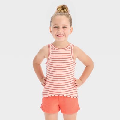 Toddler Girls' Striped Ribbed T-Shirt - Cat & Jack™ Coral Orange 5T