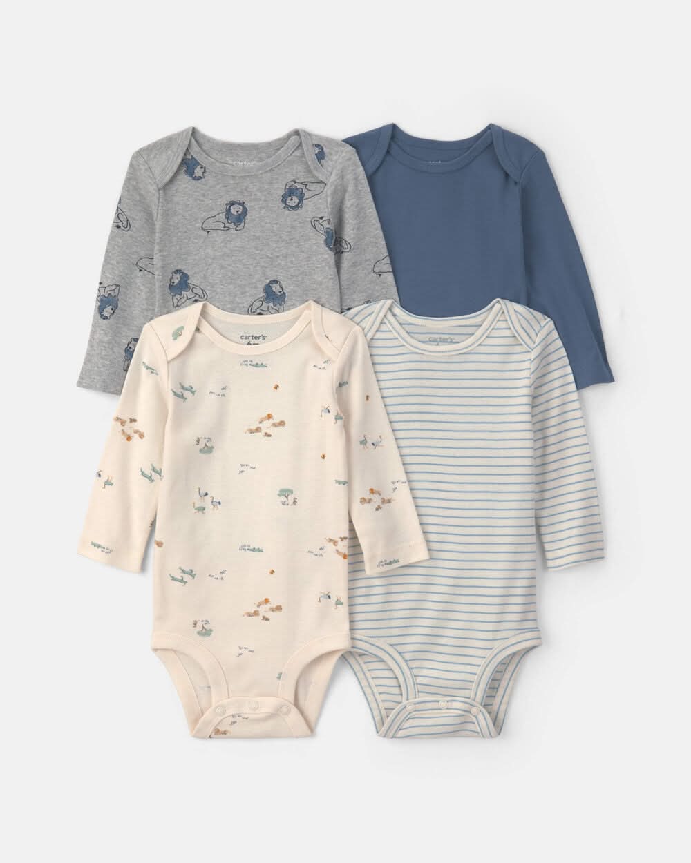 Baby Boy 4-Pack Safari Long-Sleeve Bodysuits - Blue/Grey/Ivory - 18M