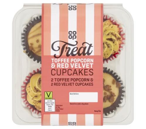 Co-op Treat Toffee Popcorn & Red Velvet Cupcakes