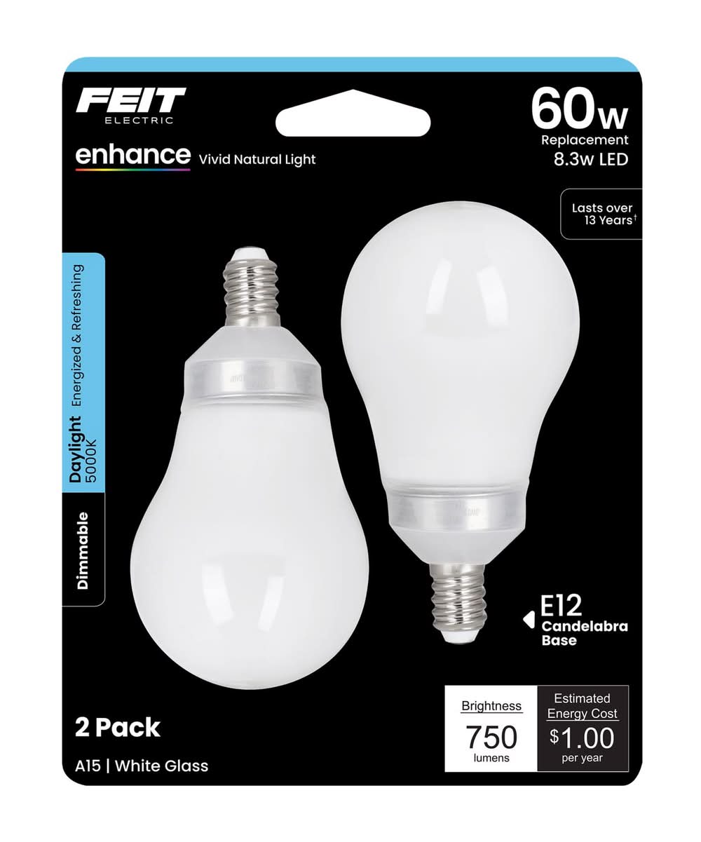 Feit Enhance A15 E12 (Candelabra) Filament Led Bulb Daylight 60 Watt Equivalence 2 Pk