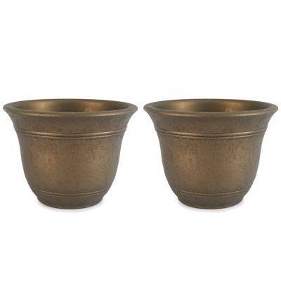 HC Companies Sierra 10 Inch Self Watering Round Plastic Flower Garden Planter Pot Container for Gardening Purposes, Celtic Bronze (2 Pack)