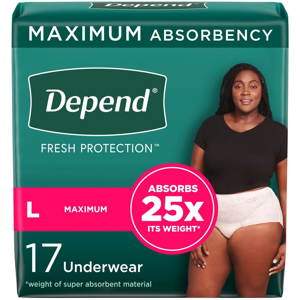 Depend Fresh Protection Maximum Absorbency Underwear, Women, L, Blush (17 ct)