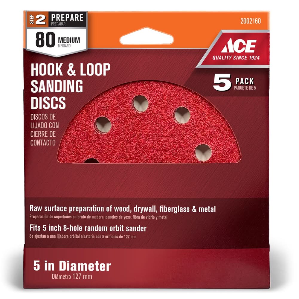 ACE 5 In. Aluminum Oxide Hook And Loop Sanding Disc 80 Grit Medium 5 Pk