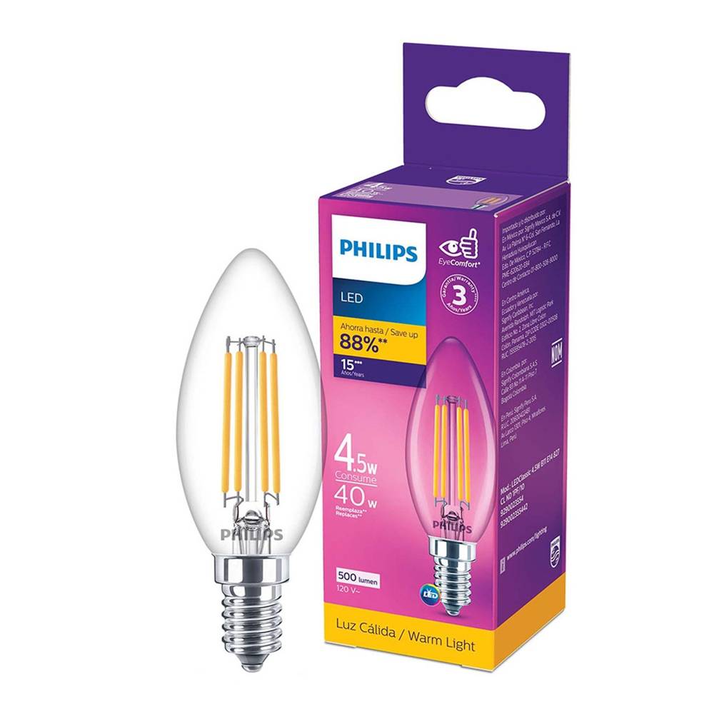 Philips foco filamento led b11 e14 luz cálida (caja 1 pieza)