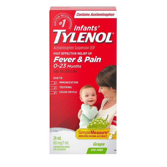 Tylenol Infants' Medicine, Fever & Pain Drops, Dye Free Grape (24 ml)