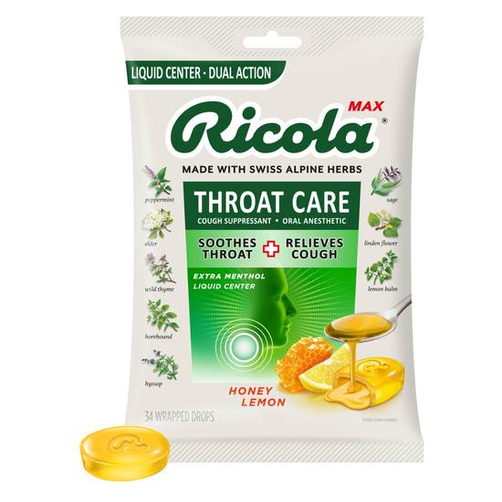 Ricola Max Throat Care Honey Lemon Cough Drops, 34 CT