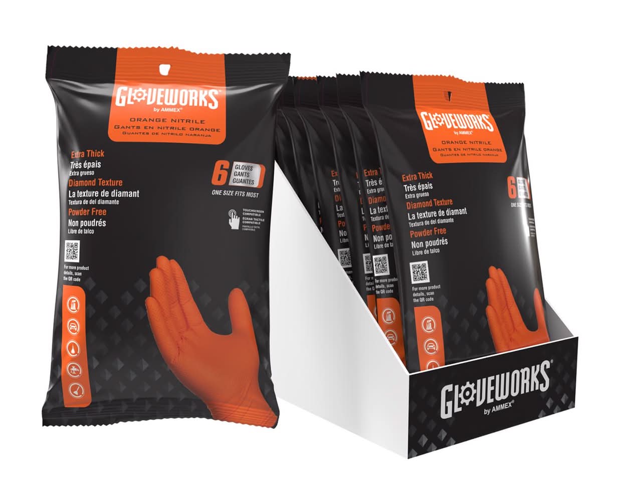 Gloveworks Nitrile Disposable Gloves One Size Fits Most Orange Powder Free 6 Pc