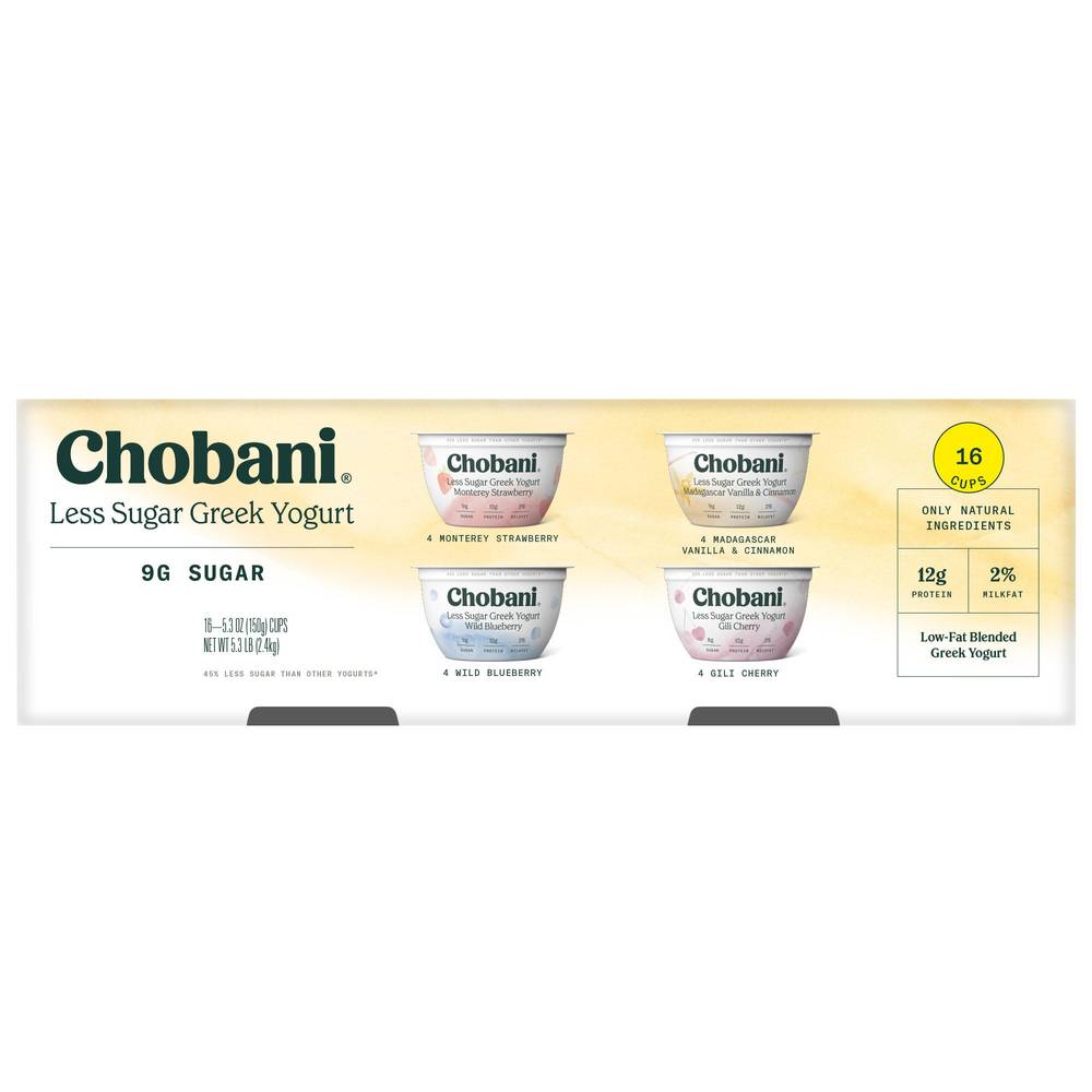 Chobani Less Sugar Greek Yogurt, Assorted (16 x 5.3 oz)