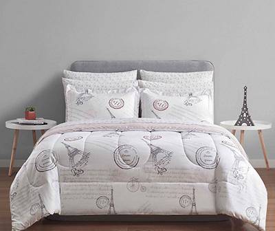 White & Pink Paris Bed-in-a-Bag Reversible King 9-Piece Comforter Set