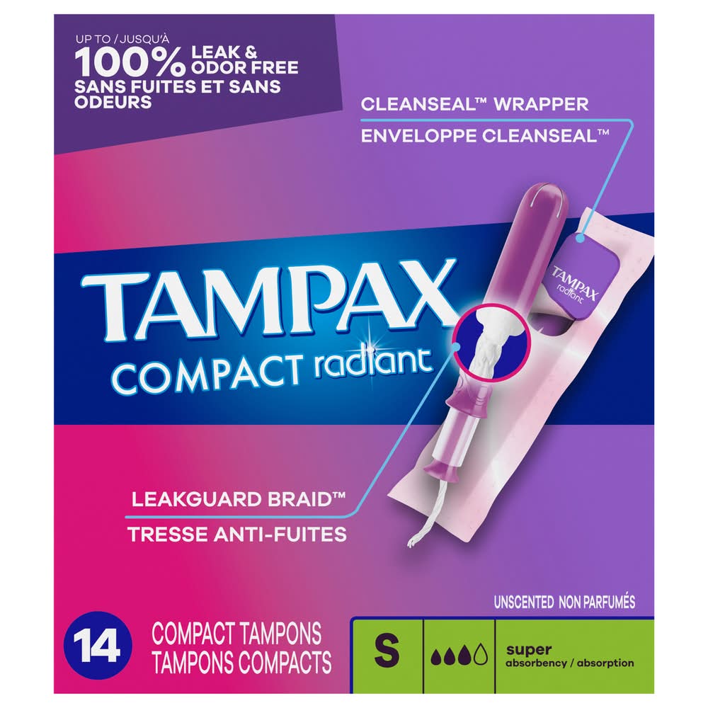 Tampax Compact Radiant Leakguard Braid Super Absorbency Unscented Tampons, S (14 ct)