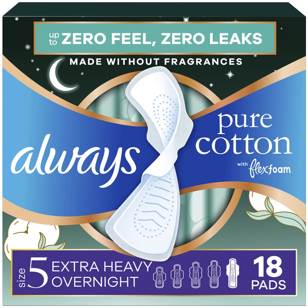 Always Pure Cotton Extra Heavy Overnight Pads With Flexi-Wings, Women, 5 (18 ct)