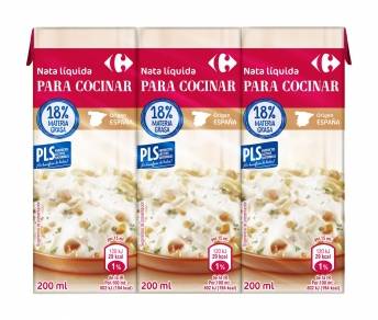 Nata líquida para cocinar Carrefour pack de 3 unidades de 200 ml.