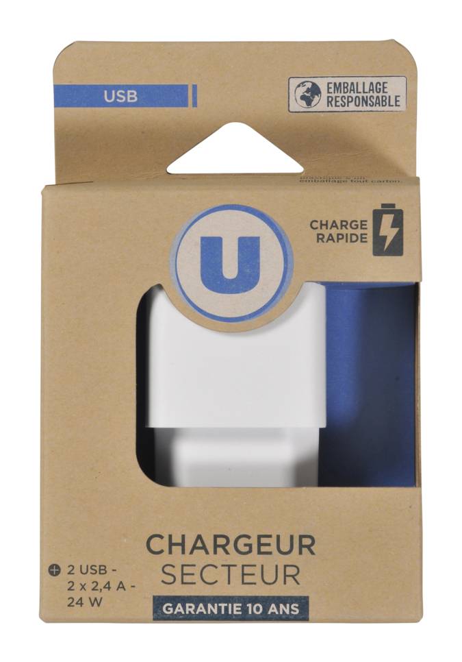 Les Produits U - Chargeur secteur 2 usb 4a 24w (75g)