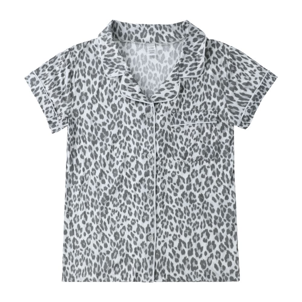 Short-Sleeve Button-Up Pajama Top Large Gray Multi