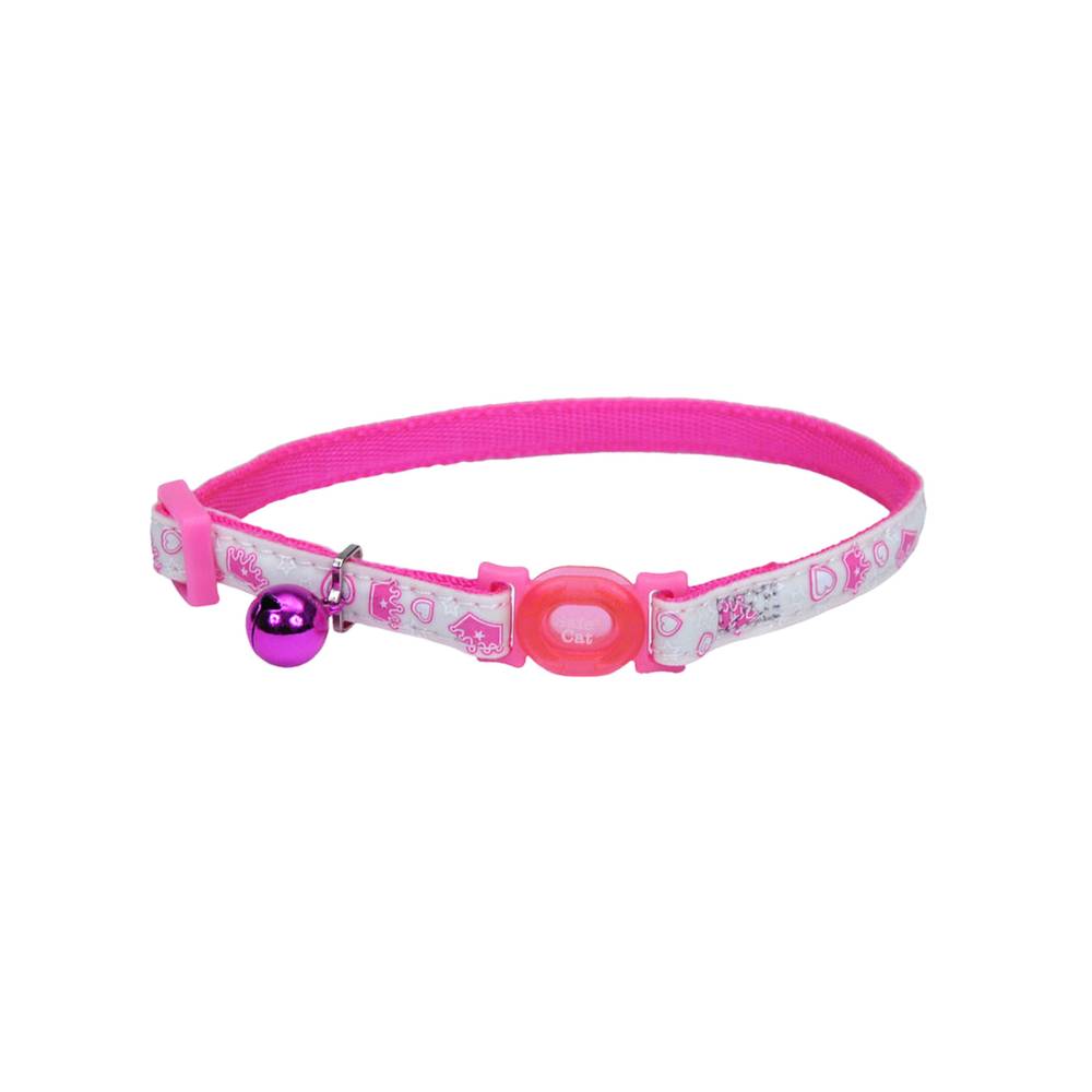 Coastal Safe Cat Glow in the Dark Adjustable Breakaway Collar ,Glowing Pink Queen, Pink-White-Green