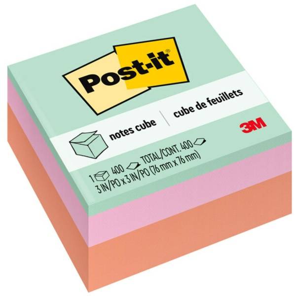 Post-it Notes Cube, 3 in. x 3 in., Assorted Pastel Colors, 400 Sheets/Cube