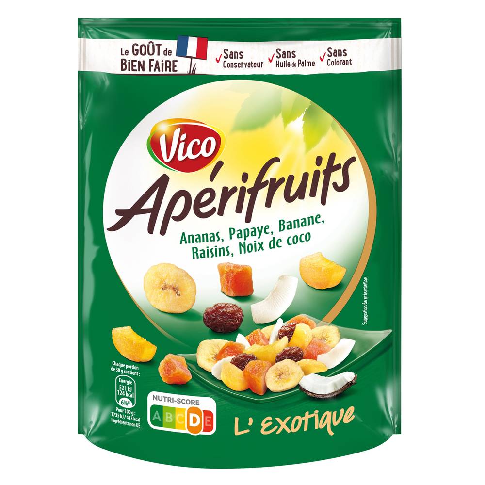 Vico - Mélange de graines et fruits apérifruits vert, ananas - papaye - banane - raisins - noix de coco (120g)