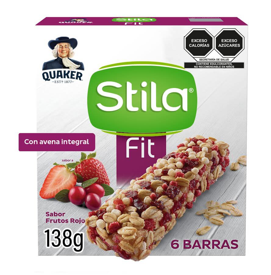 Quaker · Stila fit barra de avena integral, frutos rojos (6 un)