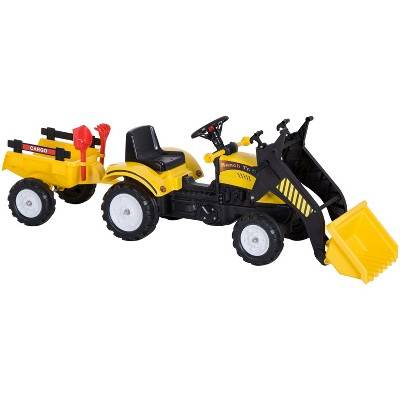 Aosom Ride-On Kids Bulldozer/Excavator Toy with Real Working Dirt Bucket, Easy Pedal Controls, 6 Wheels, & Cargo Trailer